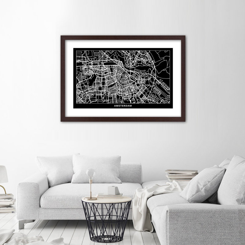 Amsterdam City Map 1 Piece Single Picture Frame Wall Art, 60cm H x 90cm W, Brown