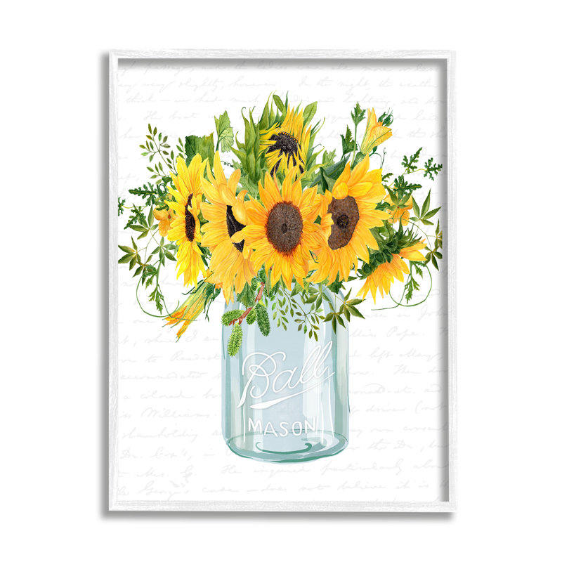 Bouquet de tournesols champêtre rétro, H 14 po x l 11 po x P 1,5 po, Giclée encadrée blanc bord de mer