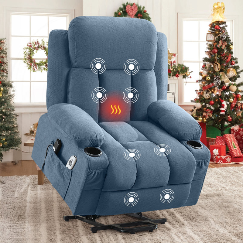 Fauteuil inclinable Power Lift avec chauffage, massage et port USB, Tissu bleu