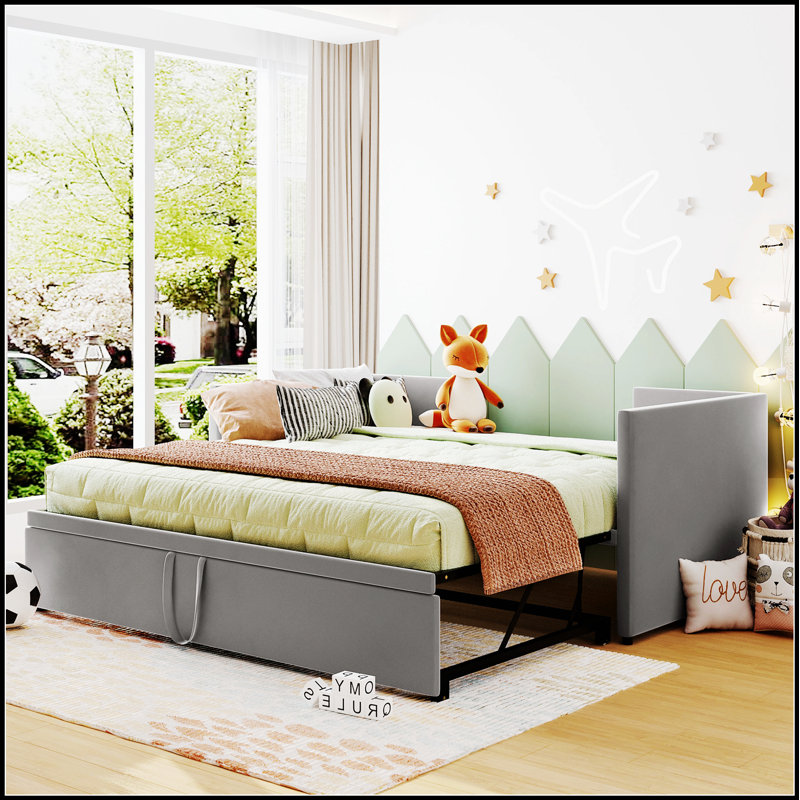 Lit de jour rembourré avec couchette escamotable, dossier moelleux et accoudoirs pour plus de confort et de commodité, Gris
