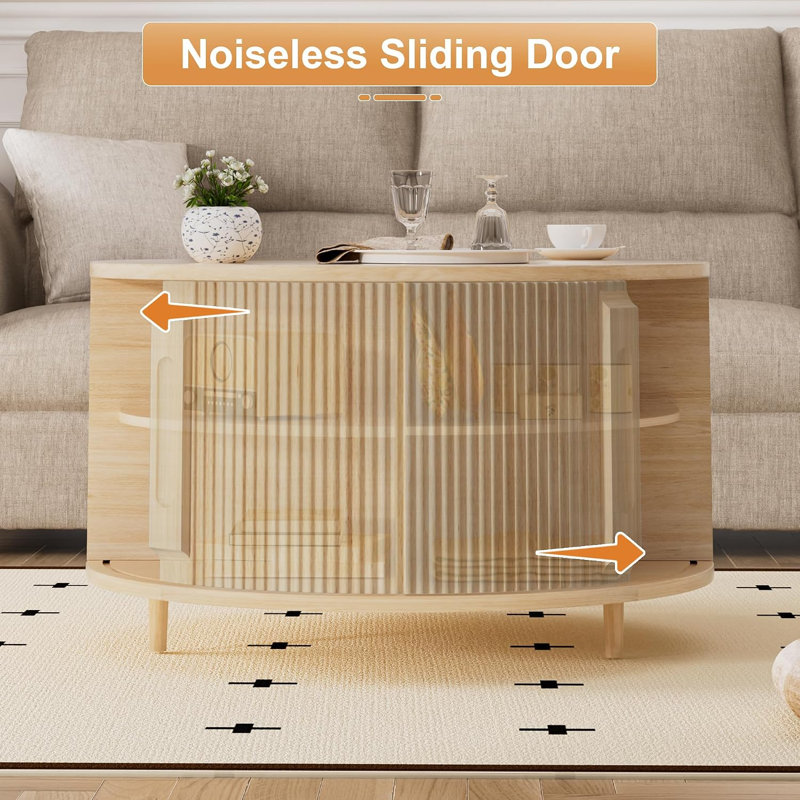 Table basse ronde de 80 cm avec plateau relevable, portes coulissantes cannelées et rangement, Natural Oak