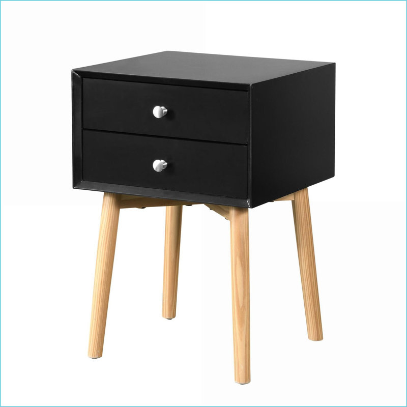 Table de chevet 2 tiroirs Mid-Century moderne - noir, panneau de fibres à densité moyenne et amp; Pieds en bois d'hévéa