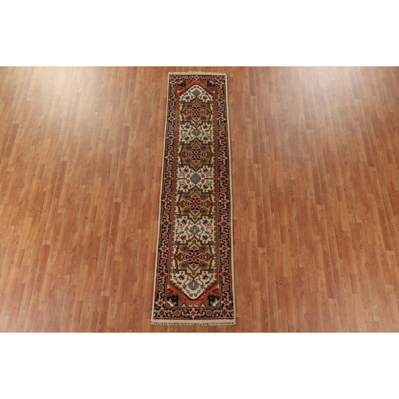 Tapis de couloir ivoire en laine noué à la main de conception unique 2 pi 7 po x 10 pi 1 po New Age