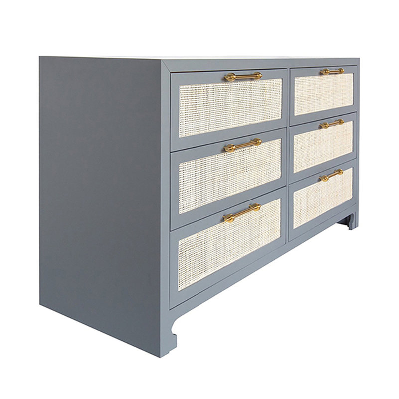 Coastal Elegance Matte Grey Double 6-Drawer Dresser with Hand-Woven Caning