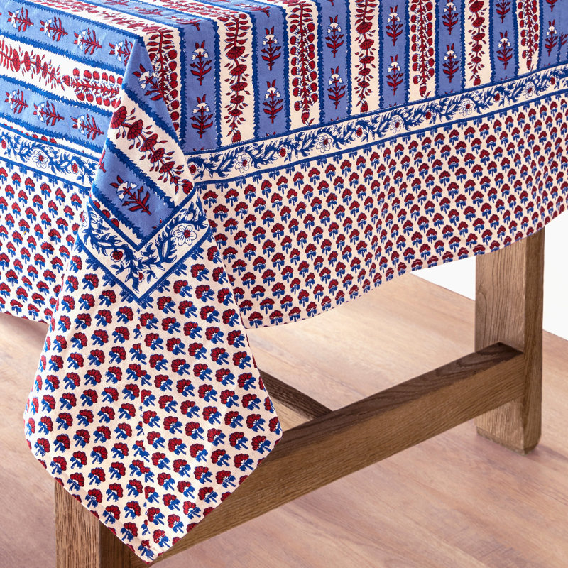 Avignon Handmade Floral Tablecloth, Square 86", Blue/Red