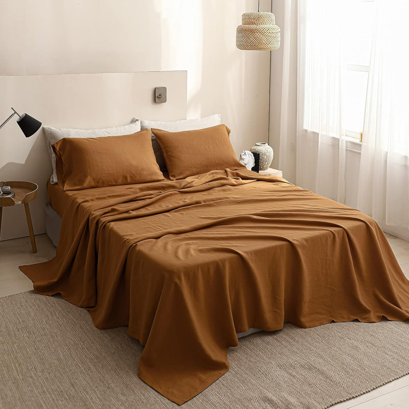 Drap français en lin, literie 100% lin naturel avec pierre délavée, Drap plat pour taille de lit grand, Basic Rust