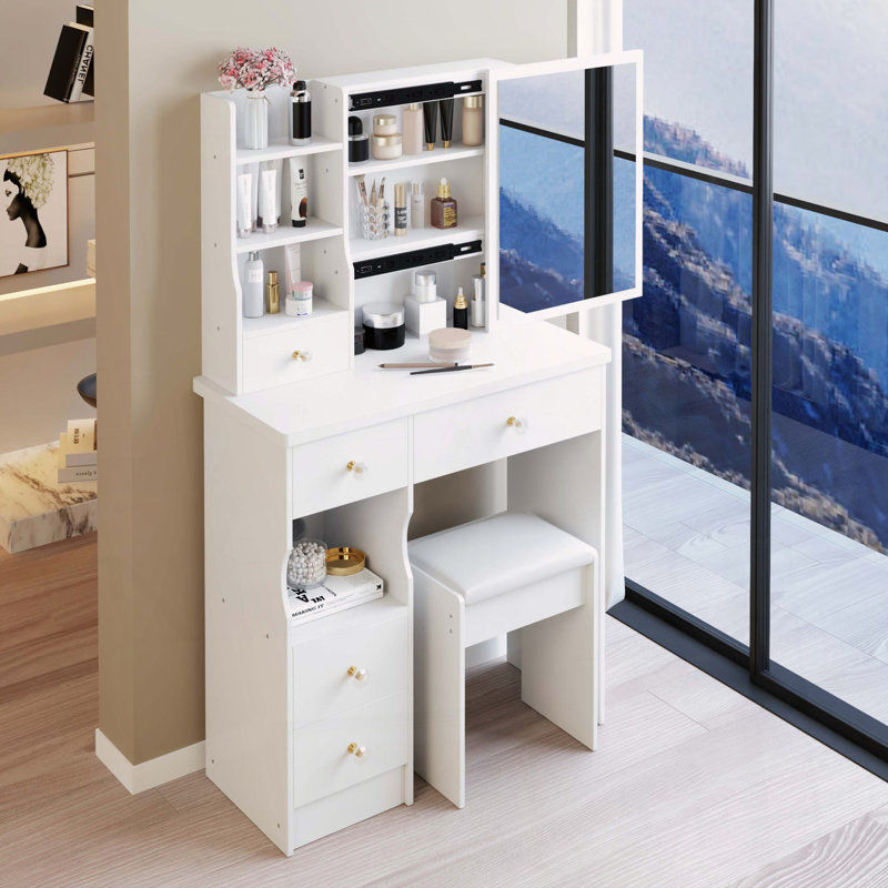 Petit meuble-lavabo avec miroir coulissant et rangement, Blanc