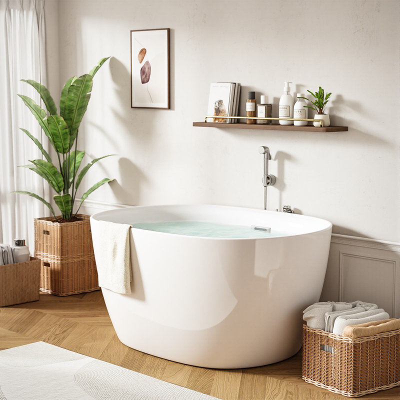 Baignoire de trempage en acrylique autoportante de 47 po x 28 po en blanc brillant, baignoire autoportante de forme ovale avec trop-plein chromé et bonde escamotable certifiée CUPC