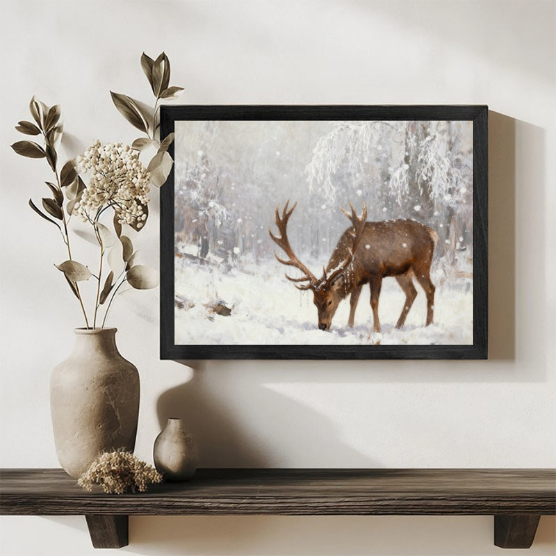 «Black Bucks in the Snow», reproduction d'art encadrée noire, H 13 po x l 17 po