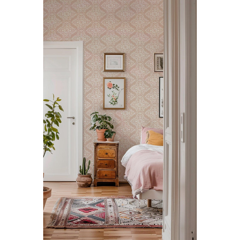 Lady Charlotte Timbre Damask 10' L x 25" W Peel and Stick Wallpaper Tile, Dusty Peach, Faux Grasscloth, Non-pasted