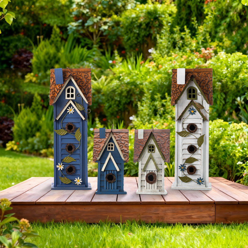 Oversized 3-Tiered Solid Wood Villa Birdhouse, 24.25"H-Blue, Blue