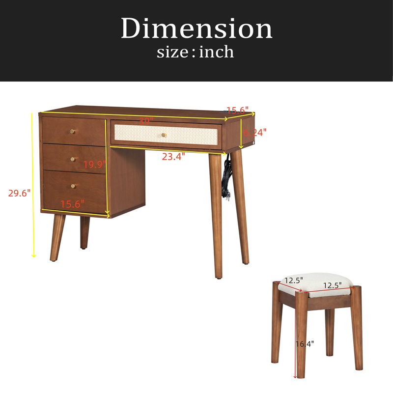 39" Retro Bohemian Style Wooden Makeup Vanity Set With Charging Plug&USB Port And Stool, Dressing Table With 3 Storage Drawers And 1 Rectangular Rattan Drawer