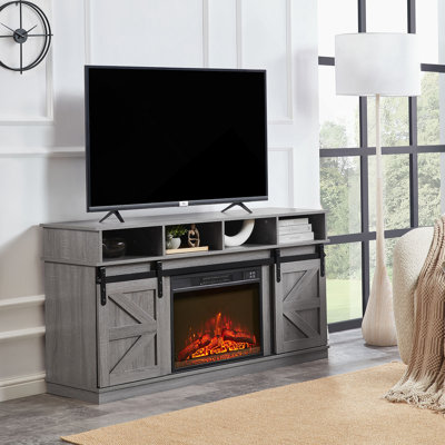 Meuble télé Modern Farmhouse, grande console de cinéma maison d'inspiration grange, avec foyer de 23 po, pour téléviseur de 65 po ou moins