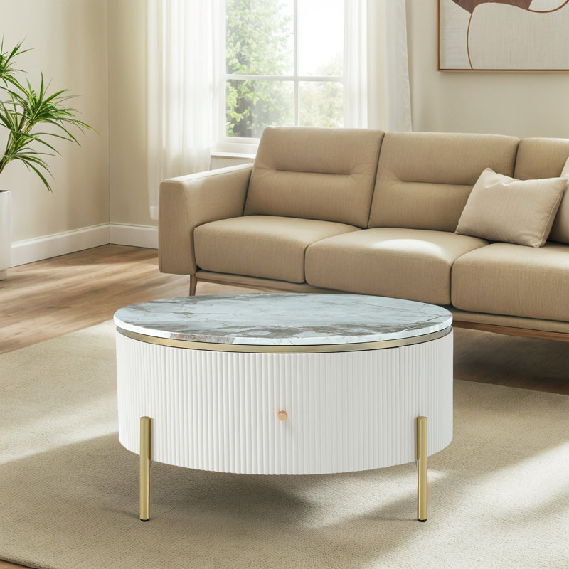 Round Coffee Table With 2 Drawers, Off White