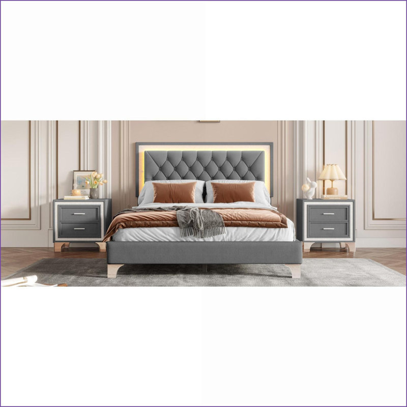 Ensemble de mobilier de chambre à coucher, grand lit plateforme tapissier avec lumières DEL et amp; 2 tables de chevet - Gris ardoise | Velours | Lits standard