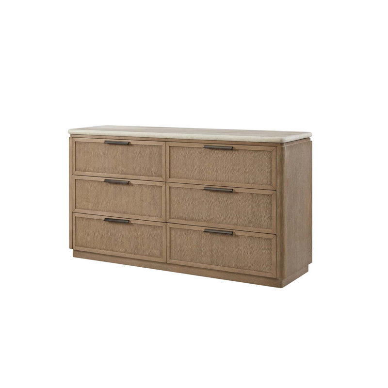 Commode à finition caramel avec tiroirs en corde et plateau en pierre durable pour un rangement élégant