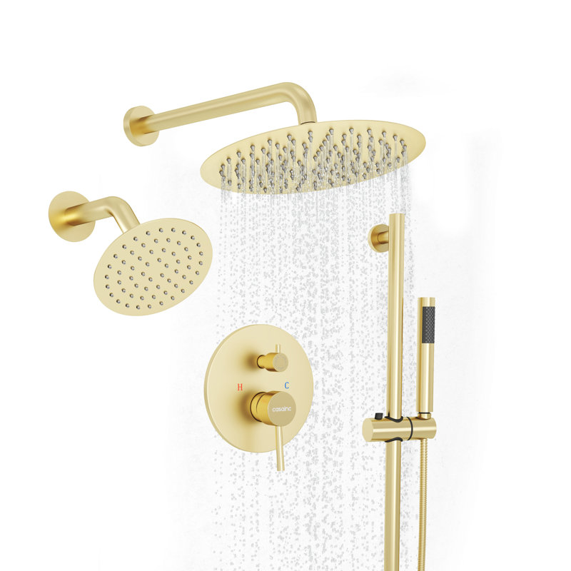 Système de douche complet à 6 positions de 25 cm (10 po) avec deux pommes de douche et une barre de douche coulissante.