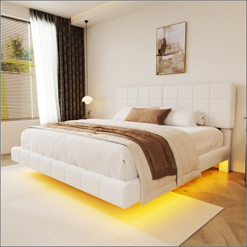 White Boucle Floating Bed With Light