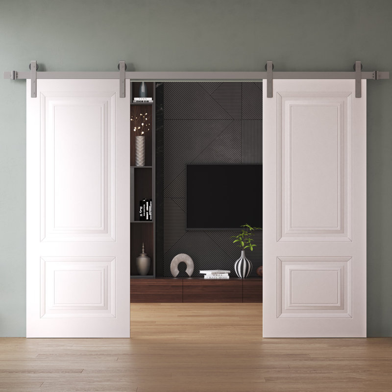 Double porte de grange | Blanc ESSENTIEL 1222 | Ensemble de rail argenté | Portes intérieures solides, 72 po x 96 po