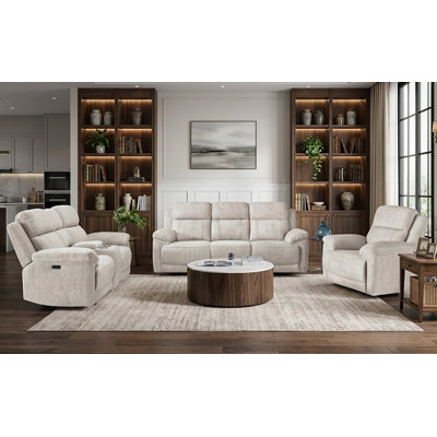 Ultimate 3-Piece Grey Fabric Reclining Living Room Set With Storage Console & Drop-Down Table – Sofa, Loveseat, Recliner For Family Room & Home Theater