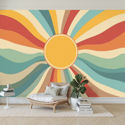 Peel and Stick Wallpaper 144" x 100" Modern Self Adhesive Wall Mural for Bedroom Vintage solar boho style Retro 70s style wall sunrise rainbow Minimal