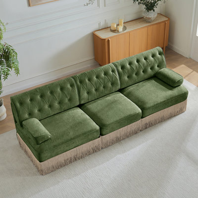 3-Seater High Quality Velvet Fabric,Cloud Modular Sectional,Tassel Skirt,Button Tufted Design,High-Density High Resilience Foam,Easy To Assemble,Premium Wooden Base,For Living Room Study,Green
