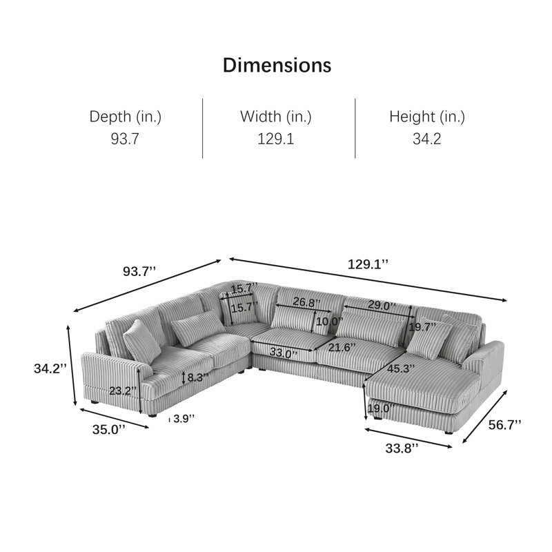 Oversized U-shaped Sectional Sofa, Modern Corduroy Upholstered Couch With Chaise Lounge, Gray Corduroy