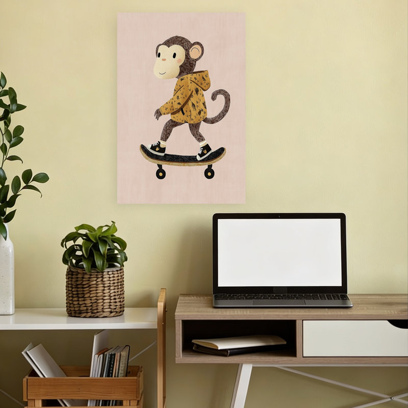 Cute Monkey Skater Playful Contemporary Monkey Wall Art Print 1 Piece Wrapped Canvas Wall Art, 45.72cm H x 30.48cm W