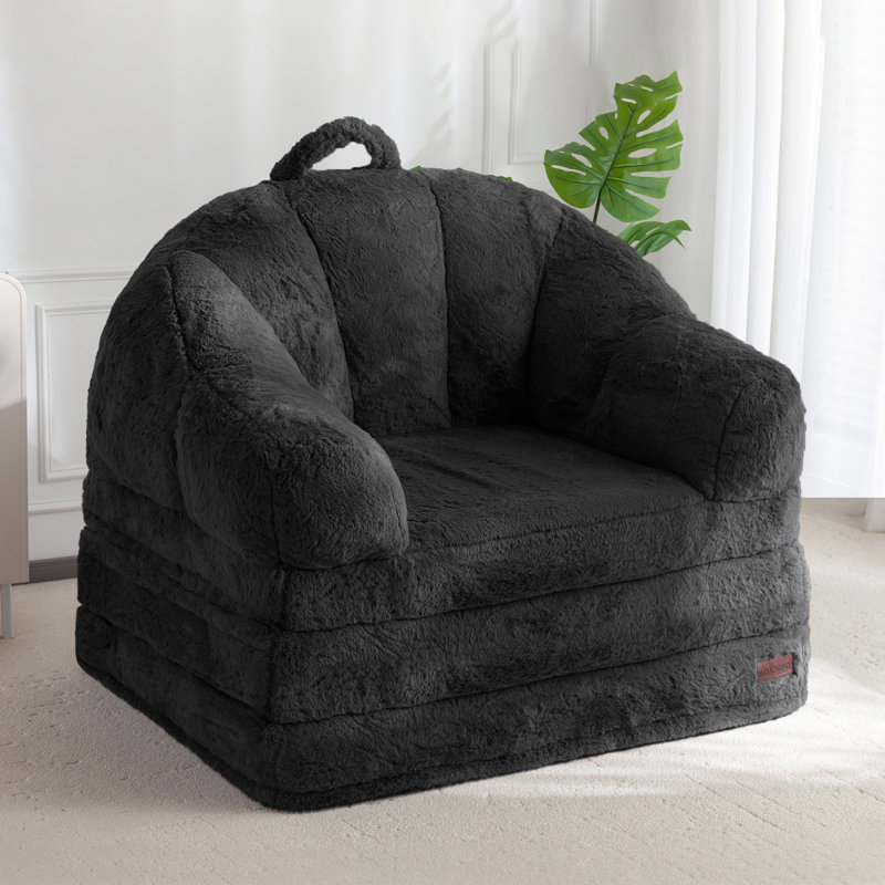 Fauteuil à billes convertible 2 en 1 en fausse fourrure noire, Similifourrure noire