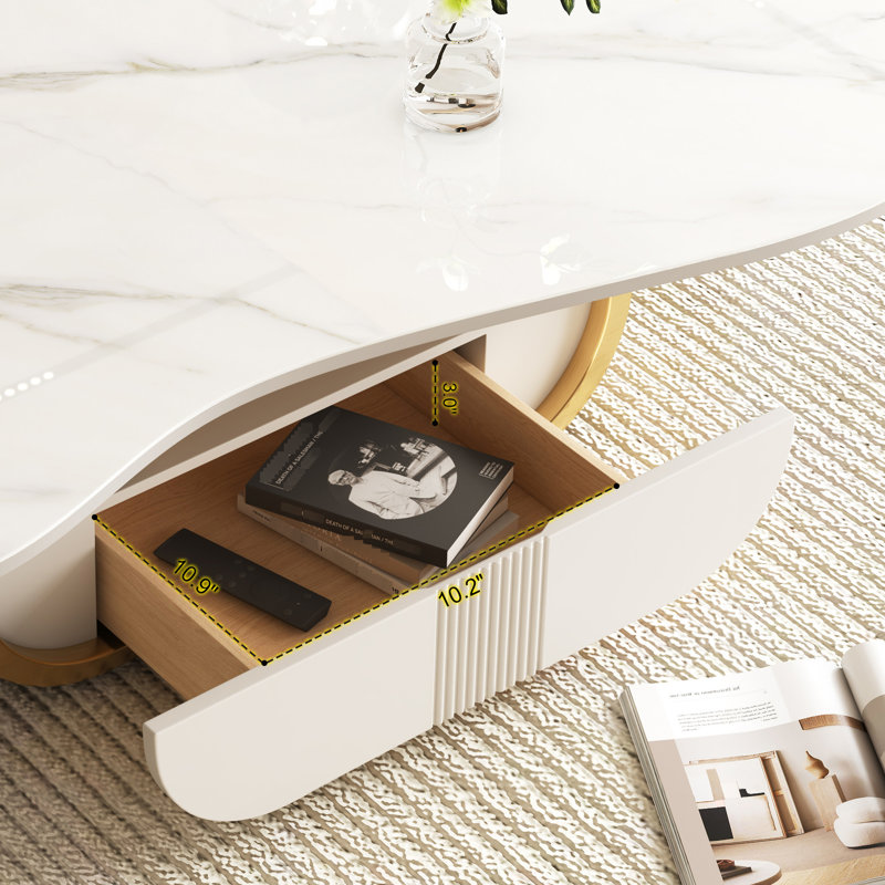Table basse en fritté avec plateau en pierre avec base en acier inoxydable et tiroir de rangement pour les intérieurs luxueux