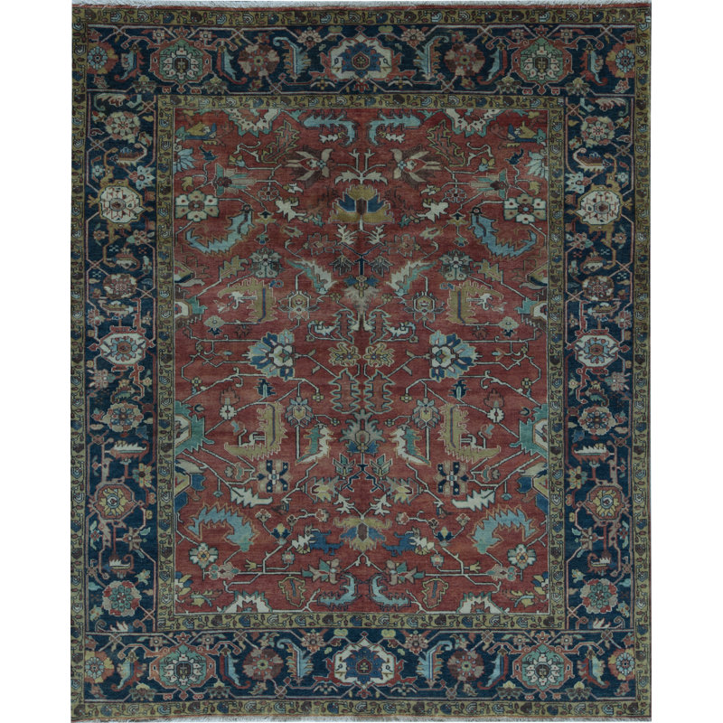 Tapis rouge et bleu noué à la main de haute qualité