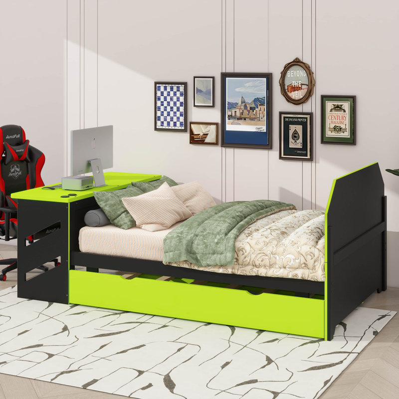 Lit de jour en bois double - Lit gigogne simple, bureau et ports de chargement USB inclus, Vert