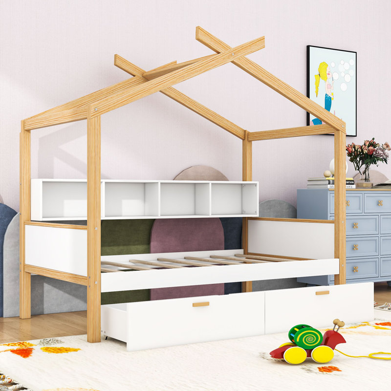 Lit maison avec tiroirs et tablettes, Simple