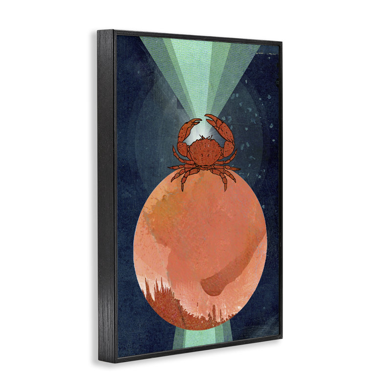Crabe surréaliste sur sphère, estampe numérique encadrée par Lindsey Newman, H 18 po x l 12 po, Giclée encadrée noir minuit