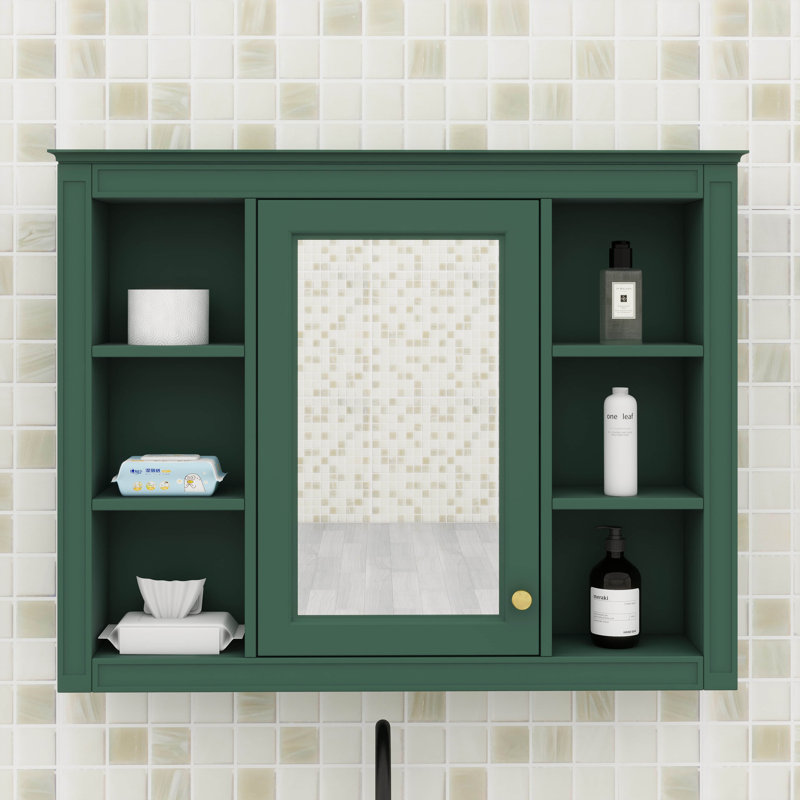 Armoire à pharmacie murale avec miroir, 6 tablettes ouvertes, Vert