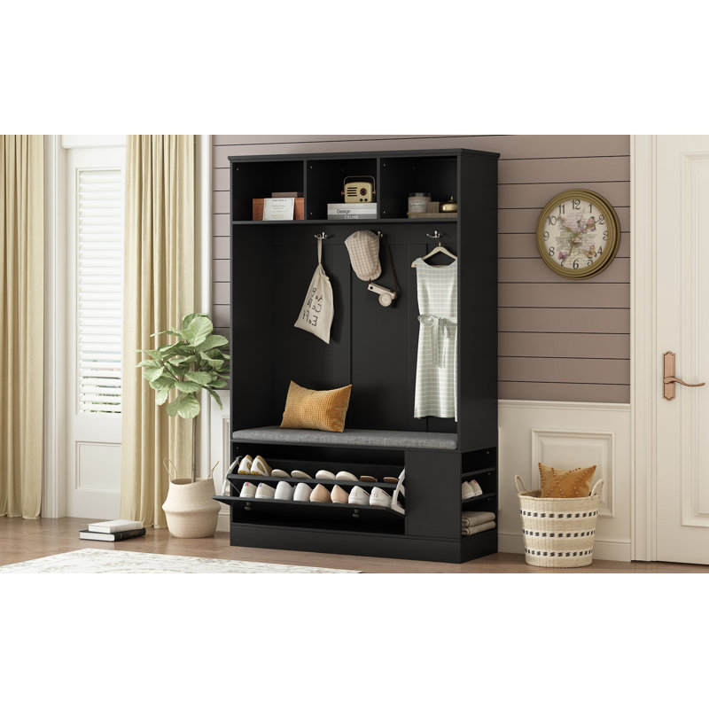 Rentaro Hall Tree 47.2'' Wide with Bench and Shoe Storage, Black