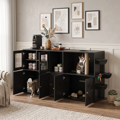 Farmhouse Cat Litter Box Enclosure with Storage Cabinets and Scratching Post, LED Lights