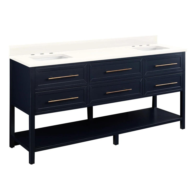72" Robertson Double Bathroom Vanity Set with Rectangular Undermount Sinks, 8" Widespread, Feathered White Quartz, Black