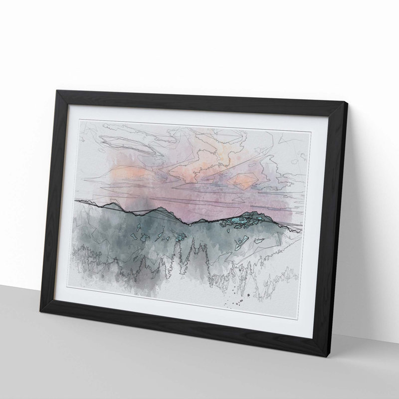 Mountain Divide in Abstract - Picture Frame Drawing Print, 36cm H x 48cm W x 2cm D, Black Framed