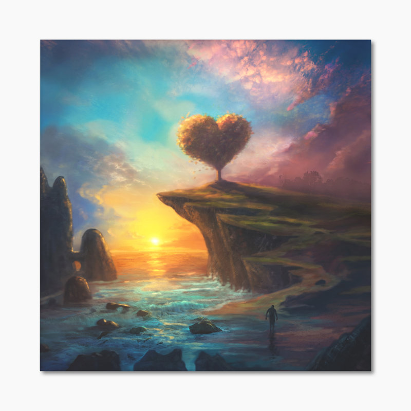 Cœur, paysage coucher de soleil - On, H 16 po x l 16 po x P 1 po, Toile tendue
