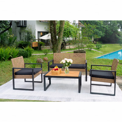 Ensemble de meubles de patio 4 pièces avec balcon extérieur et terrasse en bois d'acacia, brun clair et brun