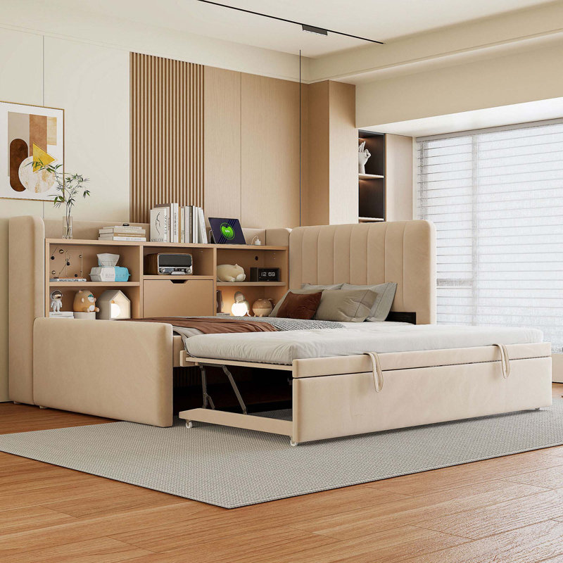 Twin Size Upholstered Daybed with Trundle, Storage Shelves, USB & Outlet, Beige