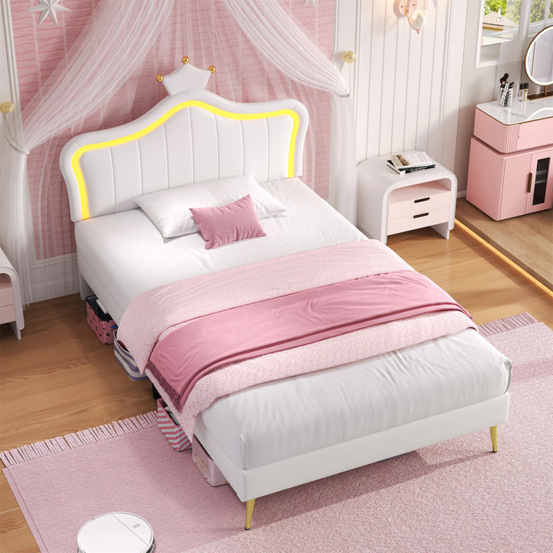 Upholstered Bed With Led Adjustable Crown Shape Headboard, Single (3'), White