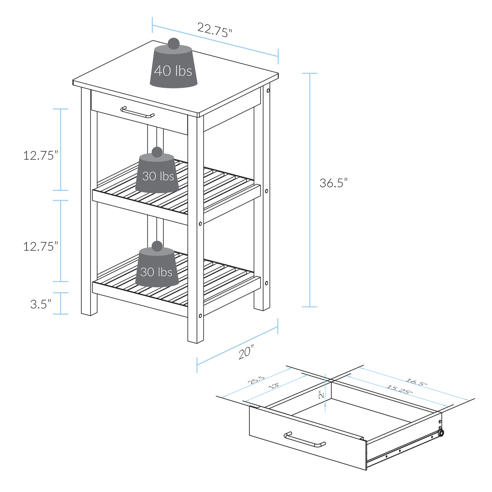 Herriott Solid Wood Prep Table, White, 36.5"H x 23"W x 20"D