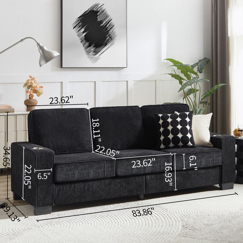 Canapé l 84,25 po à 3 places avec porte-gobelet, Velours côtelé noir