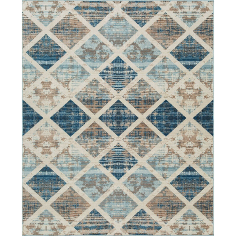 Tapis intérieur / extérieur en laine à motif géométrique gris / bleu, Rectangle 7 pi x 10 pi