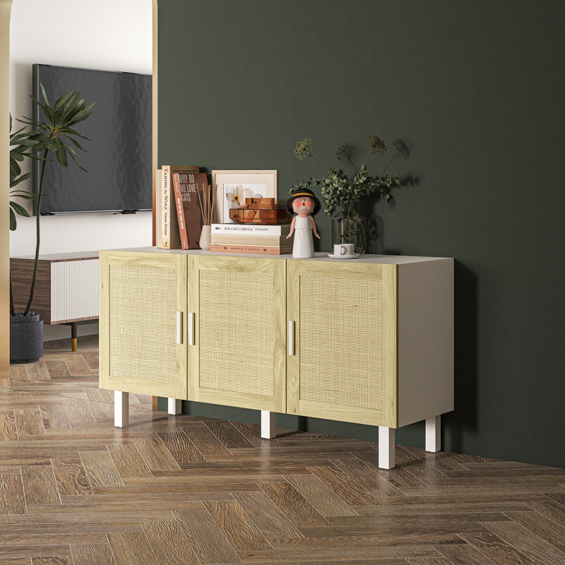 Sideboard Buffet Cabinet, Kitchen Cabinet, Coffee Bar Cabinet with 3 Rattan Doors, White/Natural