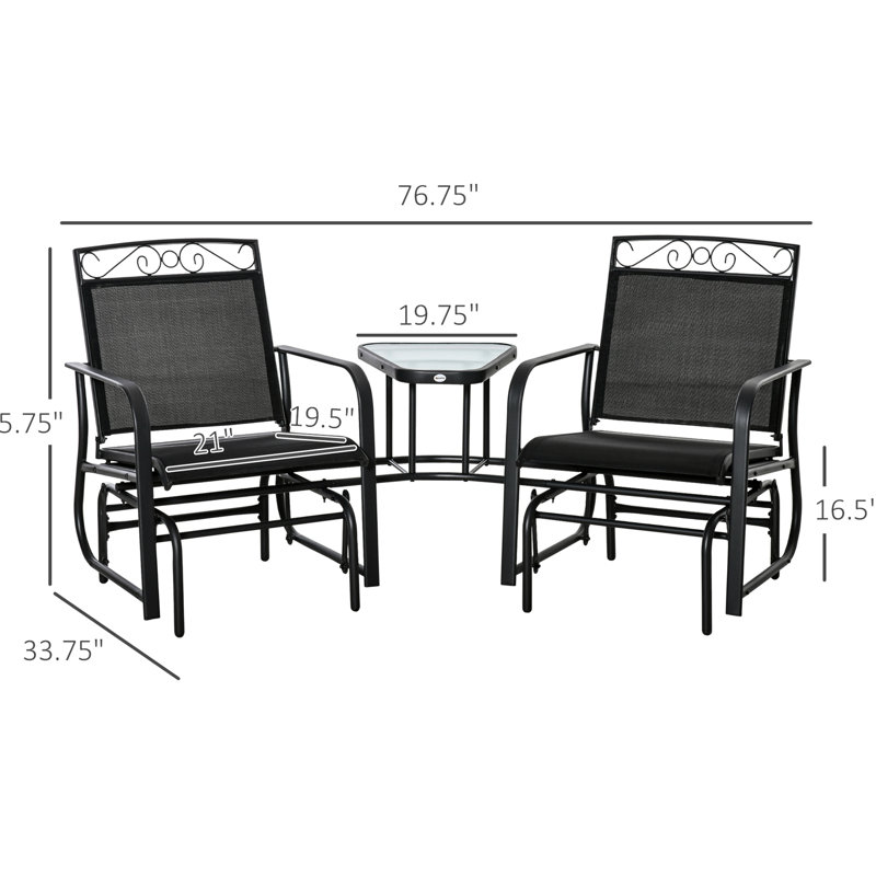 Fauteuil à bascule noir pour patio avec table basse - Fauteuils à bascule, centre de jardin 2 places en tissu léger et respirant, coloris