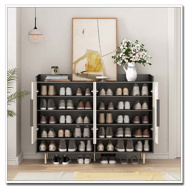 Large Modern Shoe Storage Cabinet with Adjustable Shelves, 42.11" H x 55.11" W x 14.96" D, Black/Light Yellow