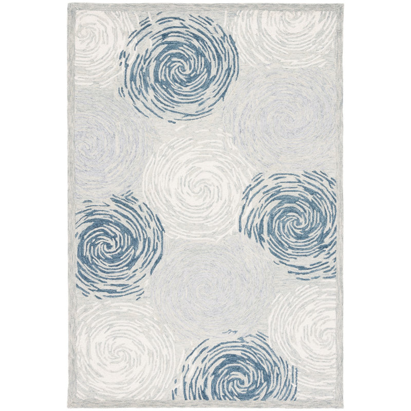 Micro-Loop Hand Tufted Wool/Cotton Geometric Rug in Ivory/Blue, Rectangle 8' x 10'